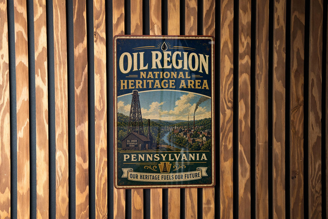A vintage-style metal sign for the Pennsylvania Oil Region National Heritage Area, featuring an illustration of a town and a steam tower.