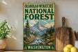 A vintage-style sign for the Okanogan-Wenatchee National Forest in Washington, featuring a mountain landscape with a river and pine trees.