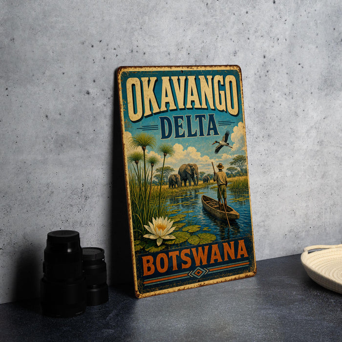 A vintage-style metal sign for Okavango Delta, Botswana, featuring an illustration of a man in a boat surrounded by wildlife and a river.
