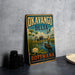 A vintage-style metal sign for Okavango Delta, Botswana, featuring an illustration of a man in a boat surrounded by wildlife and a river.