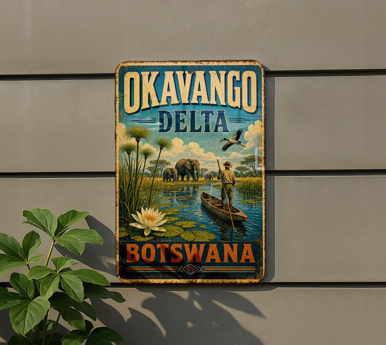 A vintage-style metal sign with the text "OKAVANGO DELTA Botswana" and an illustration of a man in a boat on a river surrounded by wildlife, including elephants and a bird.