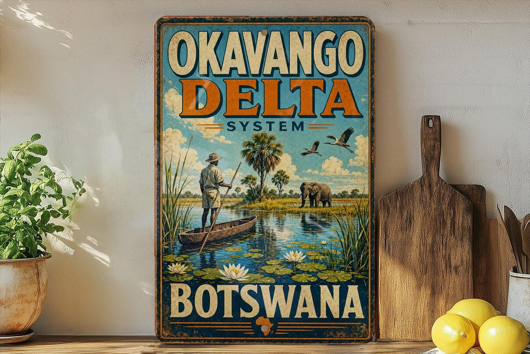 a vintage-style sign for the Okavango Delta System in Botswana, with a painting of a man in a boat on a river surrounded by wildlife.