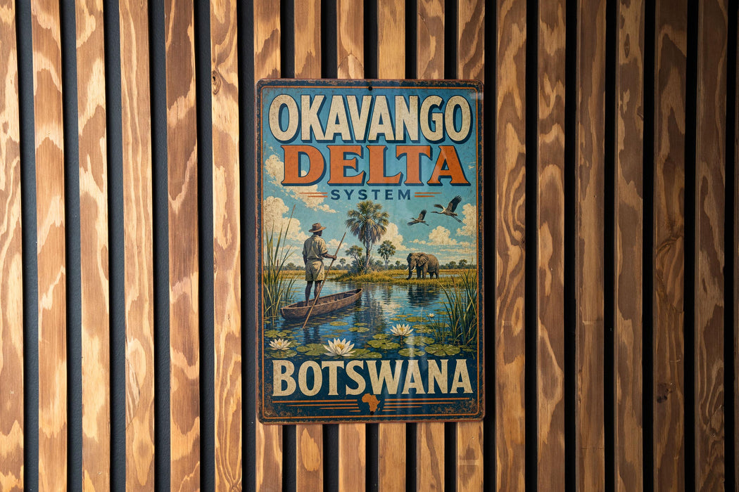 A vintage-style metal sign for Okavango Delta, Botswana, featuring a man in a boat on a river surrounded by wildlife.