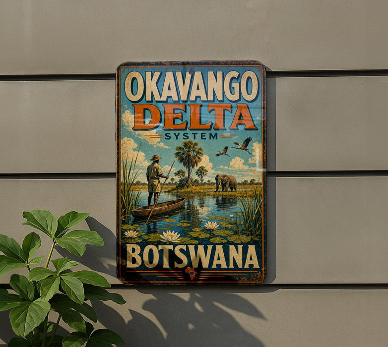 a vintage-style sign for Okavango Delta System Botswana, depicting a man in a boat on a river surrounded by wildlife.
