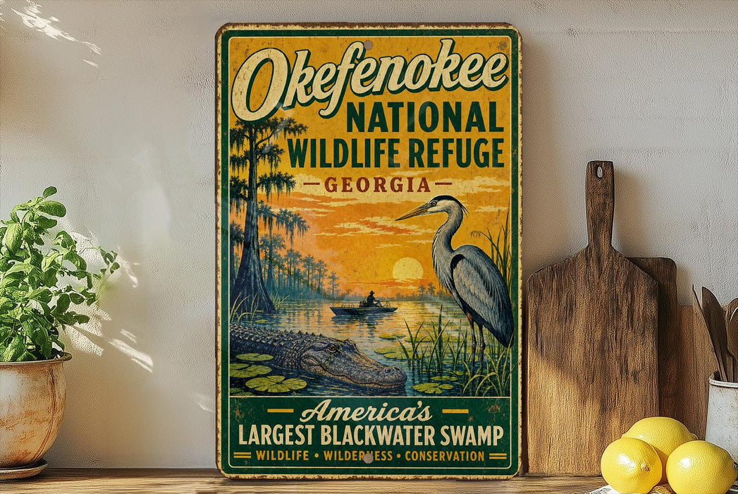 A vintage-style metal sign for the Okefenokee National Wildlife Refuge in Georgia, featuring an illustration of a bird, alligator, and swamp vegetation against a sunset backdrop.