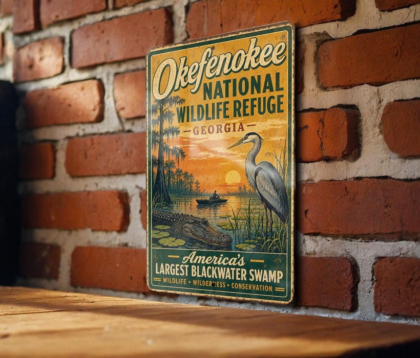 A vintage-style metal sign for the Okefenokee National Wildlife Refuge in Georgia, featuring an illustration of a bird and a swamp environment.