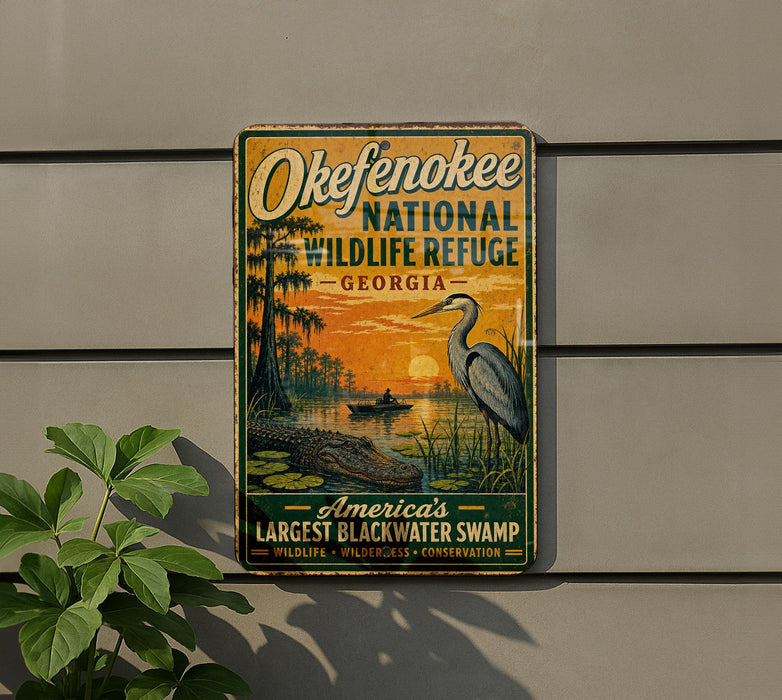 a vintage-style sign for the Okefenokee National Wildlife Refuge in Georgia, depicting a large alligator and a bird in a swampy environment.