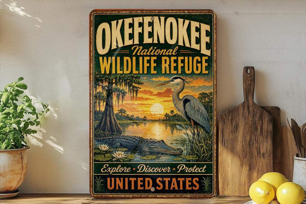 A vintage-style sign for the Okefenokee National Wildlife Refuge, featuring an illustration of a bird, alligator, and swamp vegetation against a sunset backdrop.