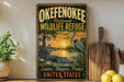 A vintage-style sign for the Okefenokee National Wildlife Refuge, featuring an illustration of a bird, alligator, and swamp vegetation against a sunset backdrop.