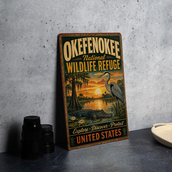 A vintage-style metal sign for the Okefenokee National Wildlife Refuge, featuring an illustration of a bird and a sunset landscape.