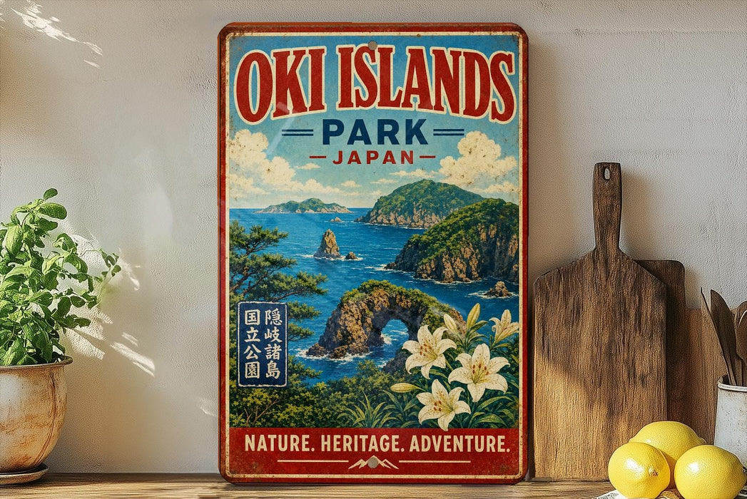A vintage-style poster advertising the Oki Islands Park in Japan, featuring a scenic landscape with mountains, water, and flowers.