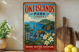 A vintage-style poster advertising the Oki Islands Park in Japan, featuring a scenic landscape with mountains, water, and flowers.