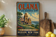 A vintage-style poster advertising the Olana State Historic Site in New York, featuring an illustration of a historic building and landscape.