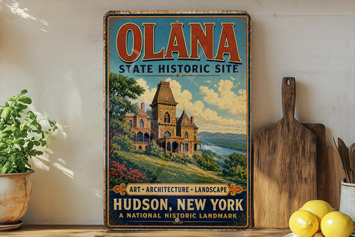 A vintage-style poster advertising the Olana State Historic Site in New York, featuring an illustration of a historic building and landscape.