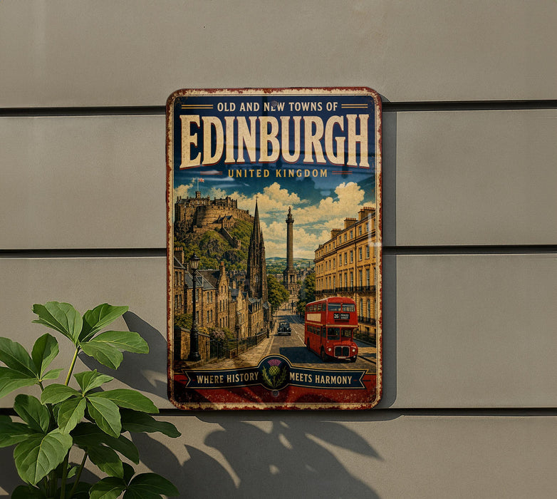 a vintage-style metal sign with a picture of a city street and a red double-decker bus, mounted on a wall.