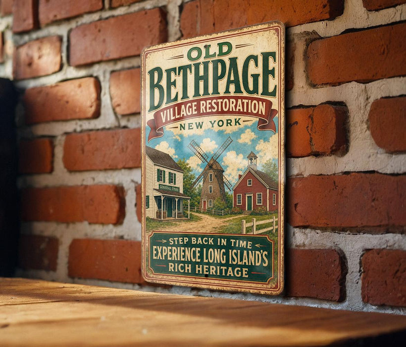 A vintage-style metal sign for the Old Bethpage Village Restoration in New York, featuring a windmill and other traditional buildings.
