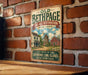 A vintage-style metal sign for the Old Bethpage Village Restoration in New York, featuring a windmill and other traditional buildings.