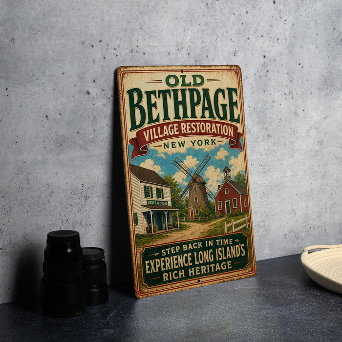 a vintage-style sign for "Old Bethpage Village Restoration" in New York, with a picture of a village and a windmill.