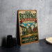 a vintage-style sign for "Old Bethpage Village Restoration" in New York, with a picture of a village and a windmill.