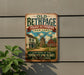 a vintage-style metal sign with a colorful illustration of a village scene, mounted on a wall.