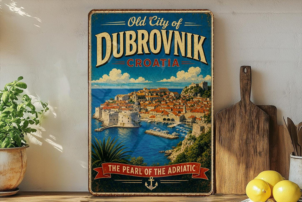 A vintage-style metal sign displaying the text "Old City of Dubrovnik, Croatia" and an illustration of the city's coastal town, with a banner that reads "The Pearl of the Adriatic".