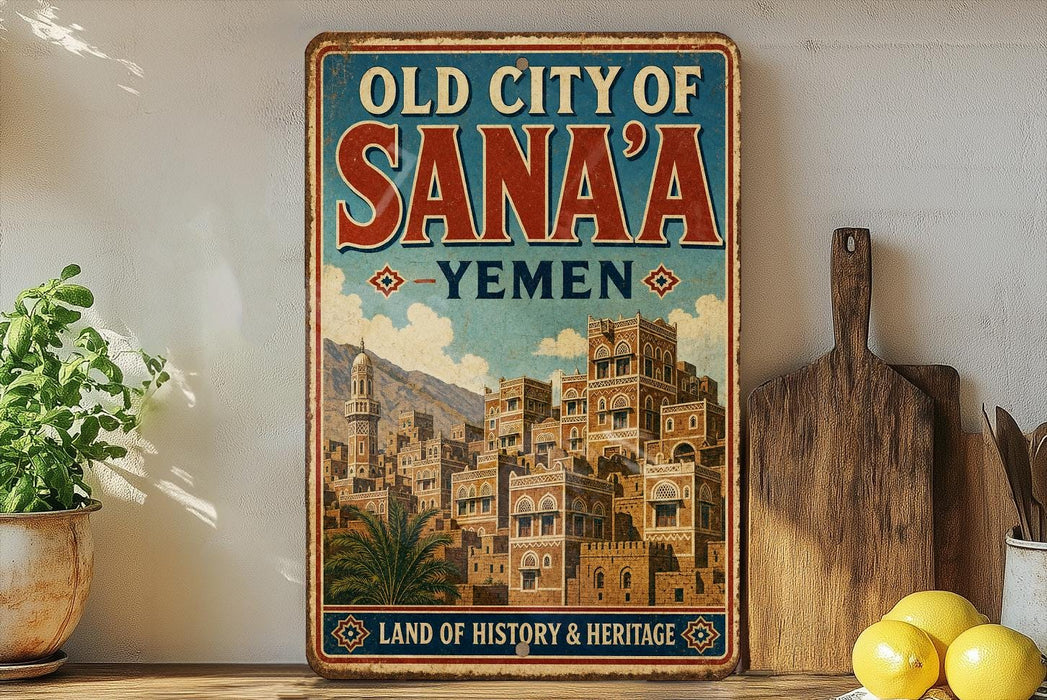 a vintage-style sign for the "Old City of Sana'a" in Yemen, with a picture of a cityscape and text indicating it is a "Land of History & Heritage".