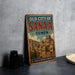 a vintage-style sign for the "Old City of Sana'a Yemen", with a detailed illustration of the city's architecture and landmarks.