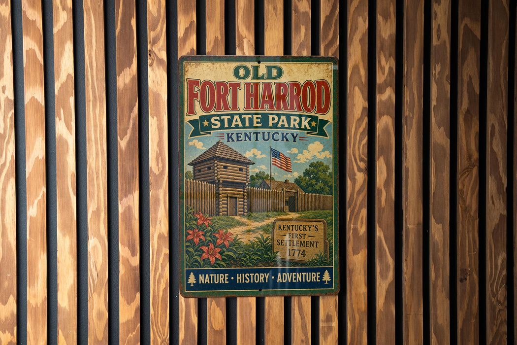 A vintage-style metal sign for Old Fort Harrod State Park in Kentucky, featuring a wooden cabin and a flag, mounted on a wooden wall.