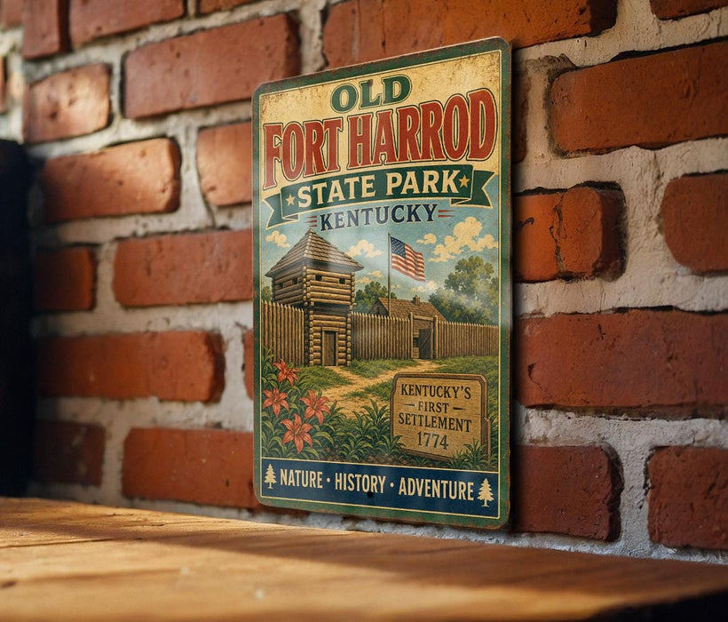 a vintage-style sign for Old Fort Harrod State Park in Kentucky, mounted on a brick wall.