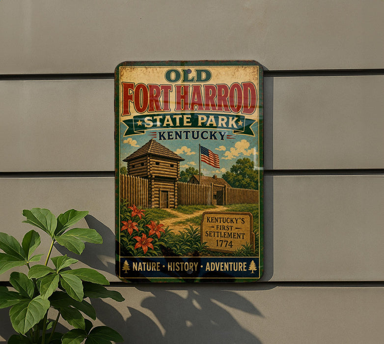 a vintage-style sign for Old Fort Harrod State Park in Kentucky, with a wooden cabin and a flag displayed.