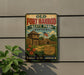 a vintage-style sign for Old Fort Harrod State Park in Kentucky, with a wooden cabin and a flag displayed.