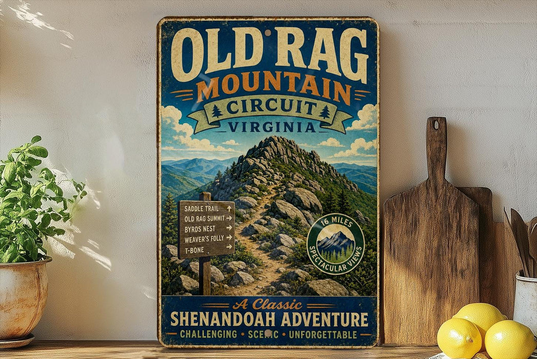 a vintage-style sign for the Old Rag Mountain Circuit in Virginia, with a mountain landscape and trail sign. The sign is displayed on a shelf next to a wooden cutting board and a potted plant.