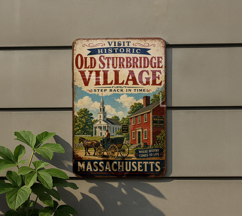 a vintage metal sign advertising the Old Sturbridge Village in Massachusetts, with a picture of a horse-drawn carriage and a church.