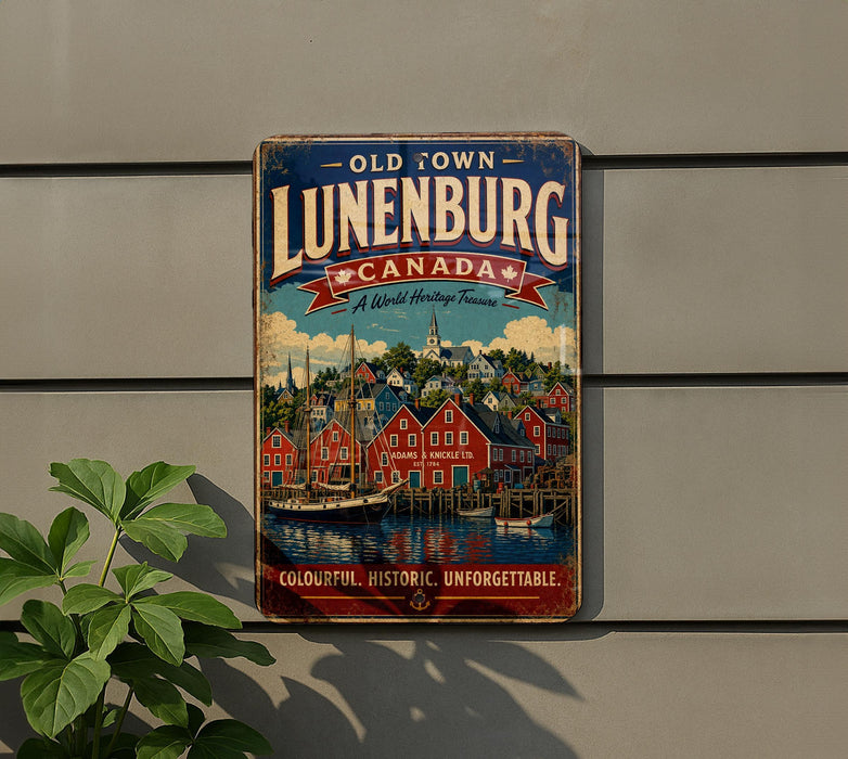 A vintage-style metal sign for the Old Town of Lunenburg, Canada, featuring a colorful illustration of the town's buildings and harbor.