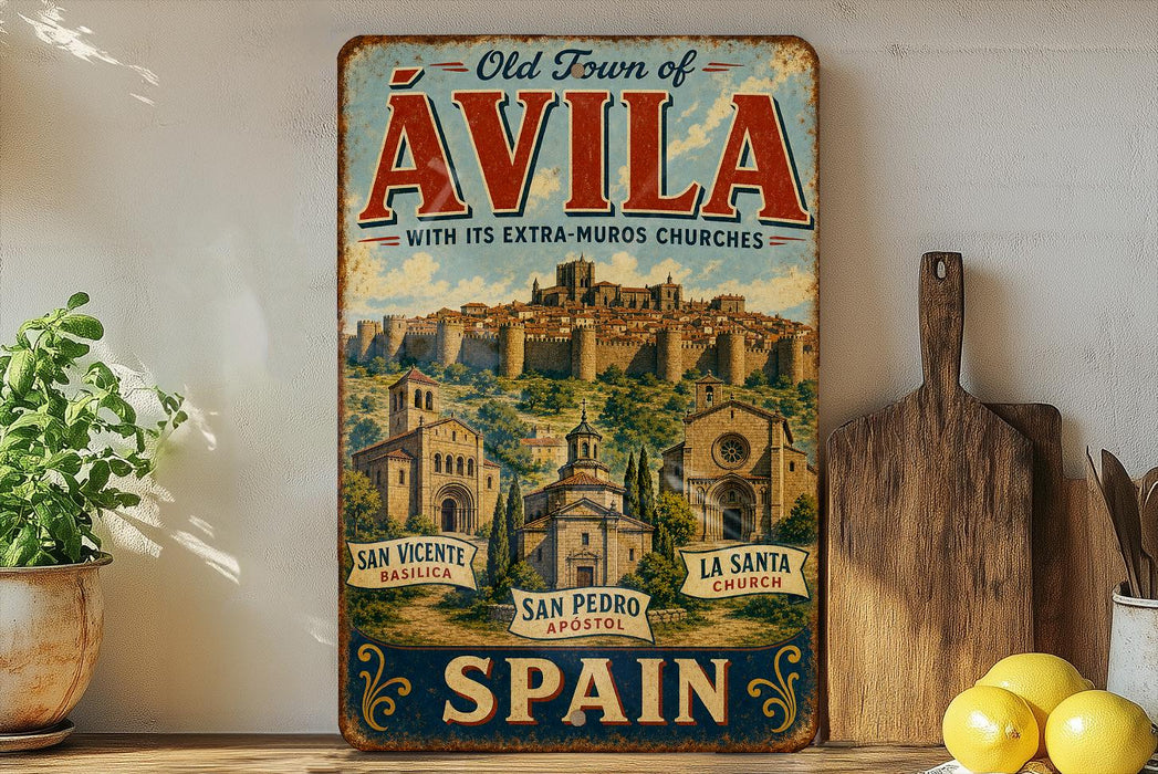 a vintage-style metal sign advertising the Old Town of Avila, Spain, with its picturesque churches and architecture.