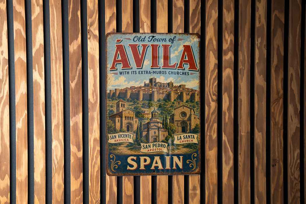 A vintage metal sign with the text "Old Town of AVILA" and "With its Extra-Marros Churches" is displayed on a wooden wall.