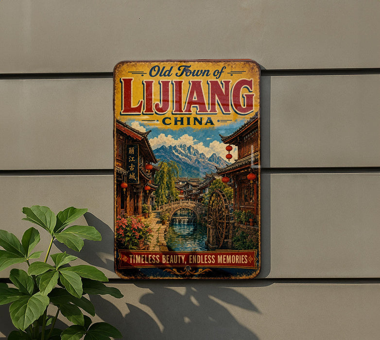 a vintage-style sign for the Old Town of Lijiang, China, with a scenic illustration of traditional Chinese architecture and a river.