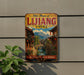 a vintage-style sign for the Old Town of Lijiang, China, with a scenic illustration of traditional Chinese architecture and a river.