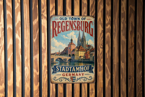A vintage metal sign with the text "OLD TOWN OF REGENSBURG STADTAMHOF GERMANY" is displayed on a wooden wall.