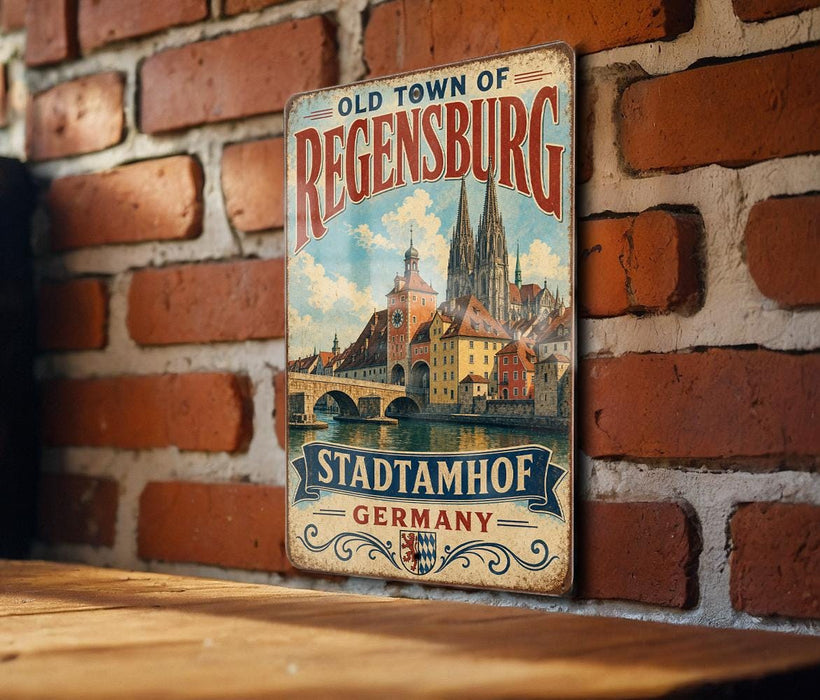 A vintage metal sign displaying the text "OLD TOWN OF REGENSBURG" and "STADTAMHOF GERMANY" is mounted on a brick wall.