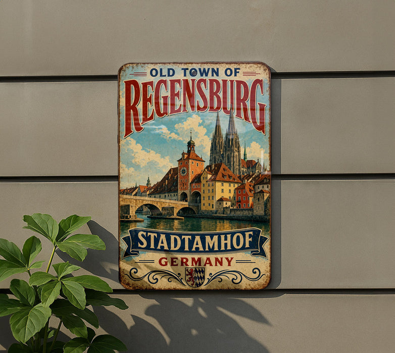 A vintage-style metal sign that reads "Old Town of Regensburg, Stadtamhof, Germany" is displayed on a wall, with a plant visible to the left.