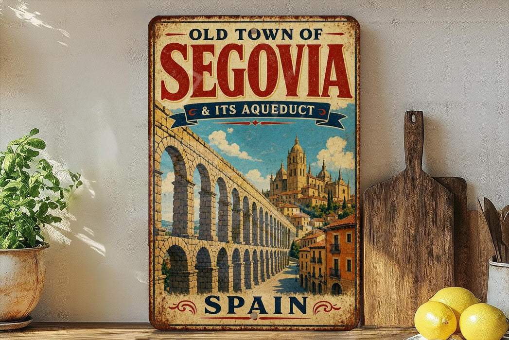 a vintage-style sign for the town of Segovia, Spain, with a picture of the famous Segovia Bridge. The sign also includes the text "Old Town of Segovia & Its Aqueduct" and "SPAIN", indicating the location and the country.