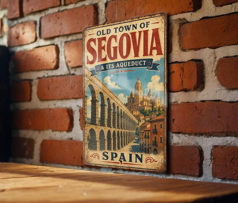 A vintage metal sign with the text "Old Town of Segovia & its Aqueduct" and an illustration of a historical building, likely the famous Segovia Bridge, is displayed on a brick wall.