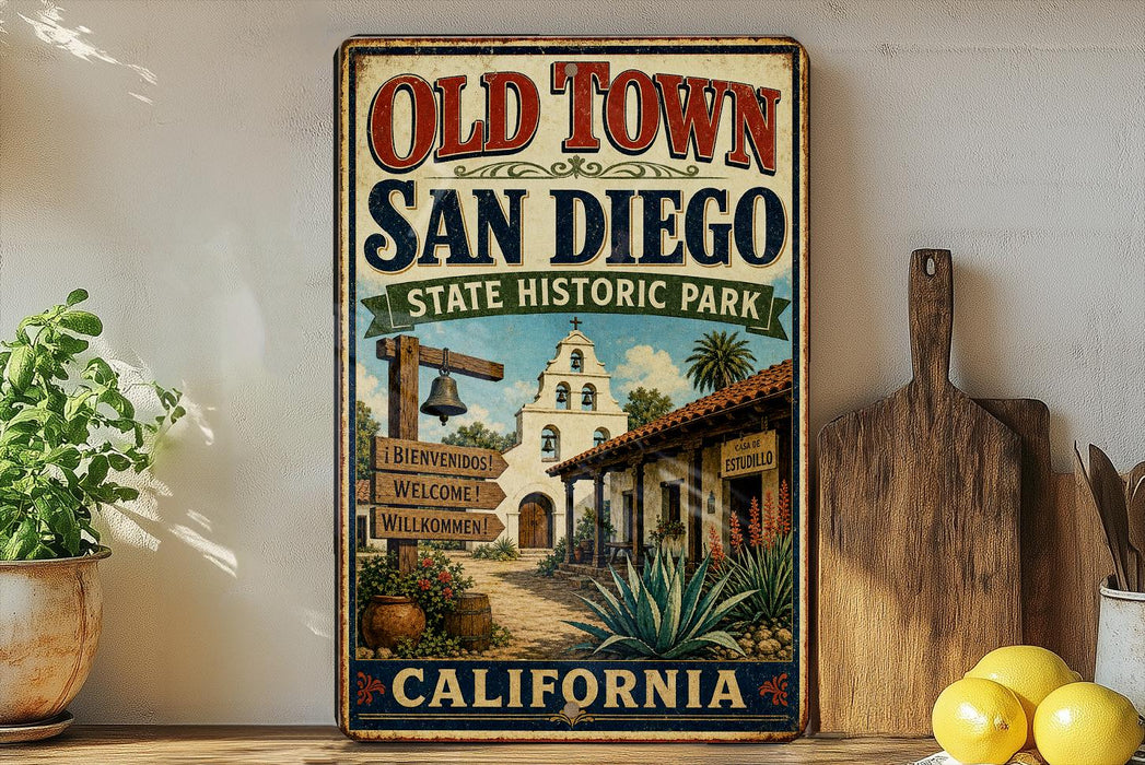 a vintage-style sign for Old Town San Diego State Historic Park, with a sign welcoming visitors to the park. The sign is displayed on a wooden shelf, surrounded by various kitchen utensils and a potted plant.