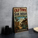 A vintage-style metal sign for Old Town San Diego, featuring an illustration of a historic building and a welcoming sign.