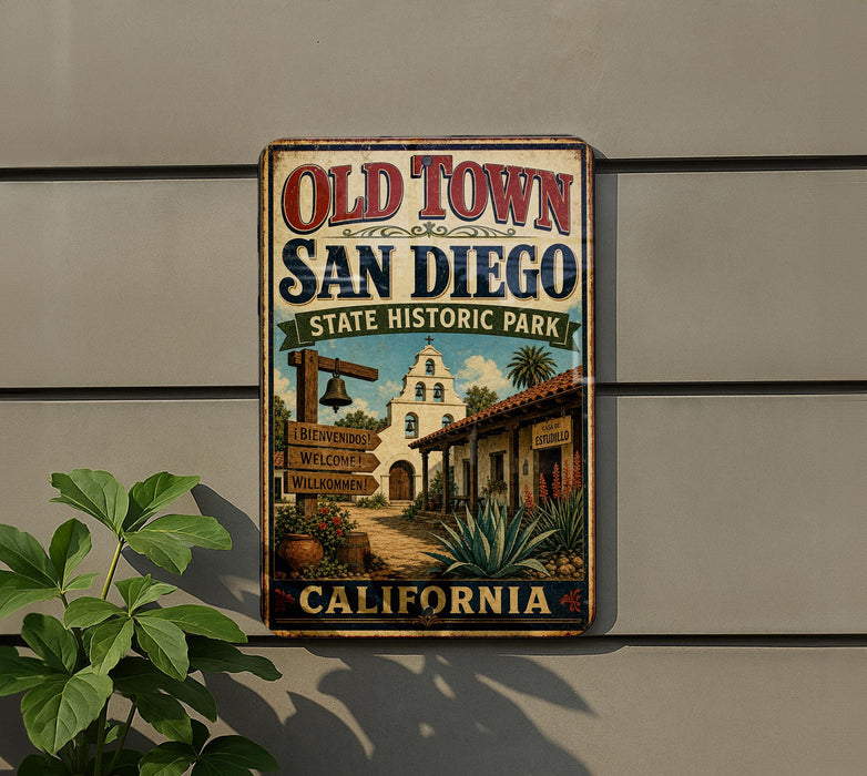 A vintage-style metal sign for Old Town San Diego State Historic Park, featuring a historical building and a welcoming sign.