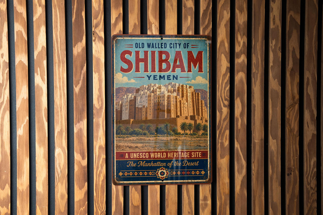 A vintage-style metal sign with the text "Old Walled City of Shiba" and "Yemen" on it, hanging on a wooden wall.