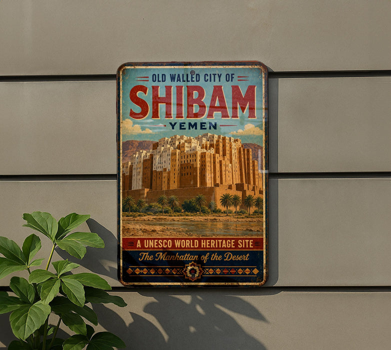 a vintage-style sign for the Old Walled City of Shimbam, Yemen, with a desert landscape and buildings depicted on the sign.