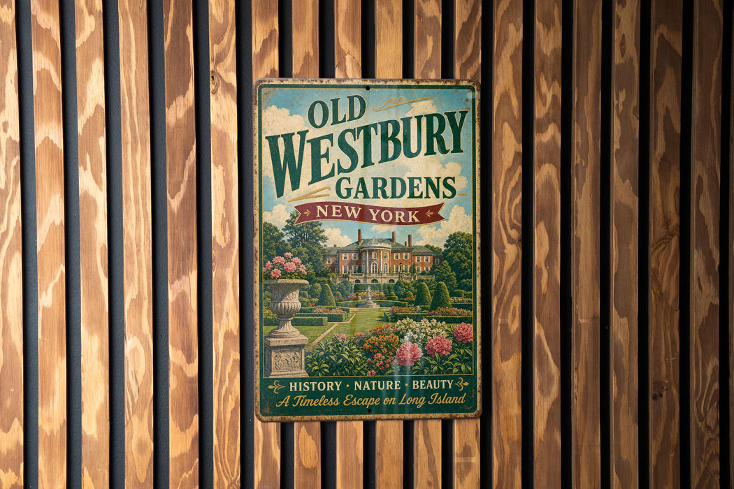a vintage-style metal sign for Old Westbury Gardens in New York, with a large illustration of a garden and a building.