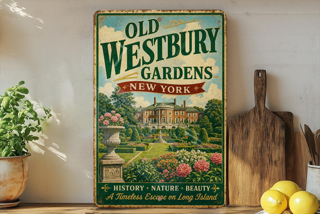 a vintage-style sign for Old Westbury Gardens in New York, with a large illustration of a well-manicured garden and a large house in the background. The sign is displayed on a wooden shelf, surrounded by various kitchen utensils and decorative items, such as a potted plant, a wooden cutting board, and a bowl of fruit.
